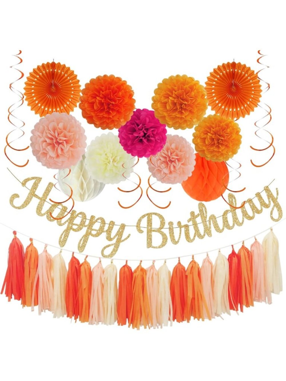 Boho Orange Birthday Party Decorations Set - 38 Pcs Tissue Pom Poms & Banner